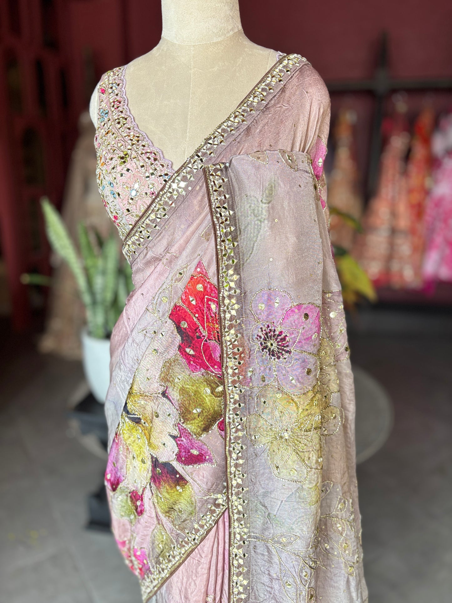 Pastel Pink Designer Saree with Floral Print & Embellished Border