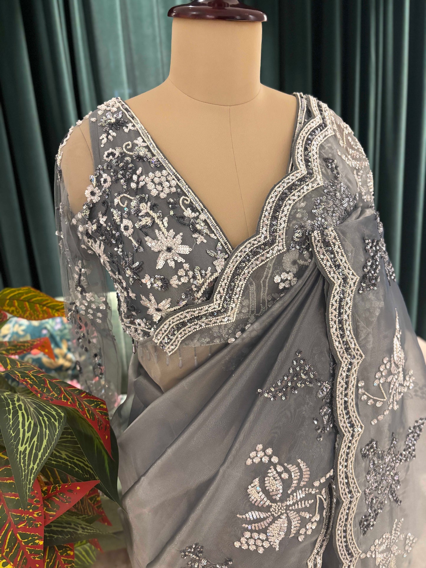 Slate Grey Embroidered Saree with Scalloped Border