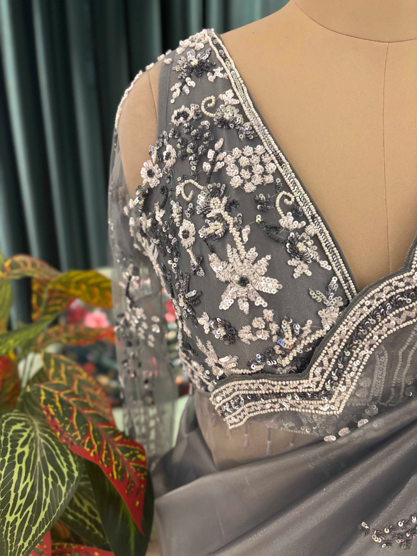 Slate Grey Embroidered Saree with Scalloped Border