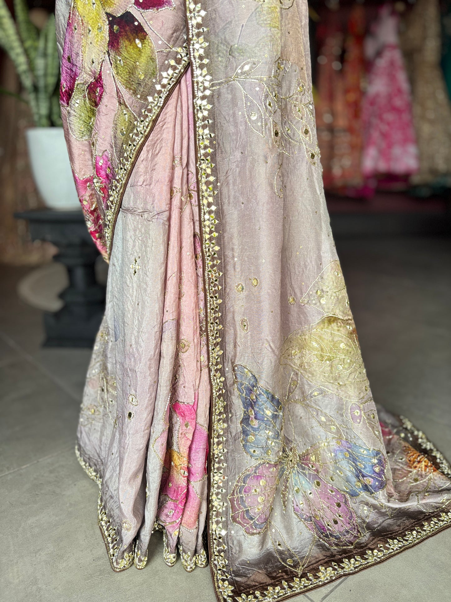Pastel Pink Designer Saree with Floral Print & Embellished Border