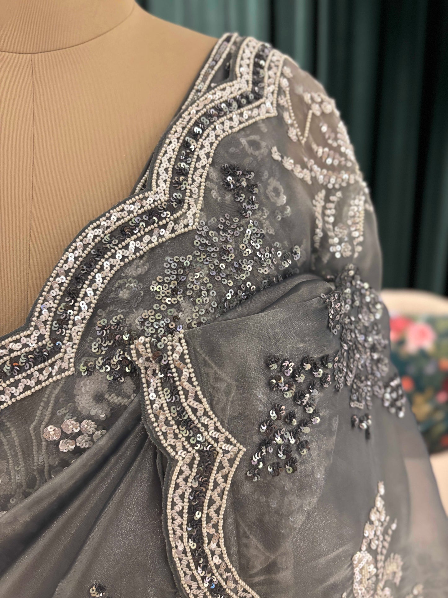 Slate Grey Embroidered Saree with Scalloped Border