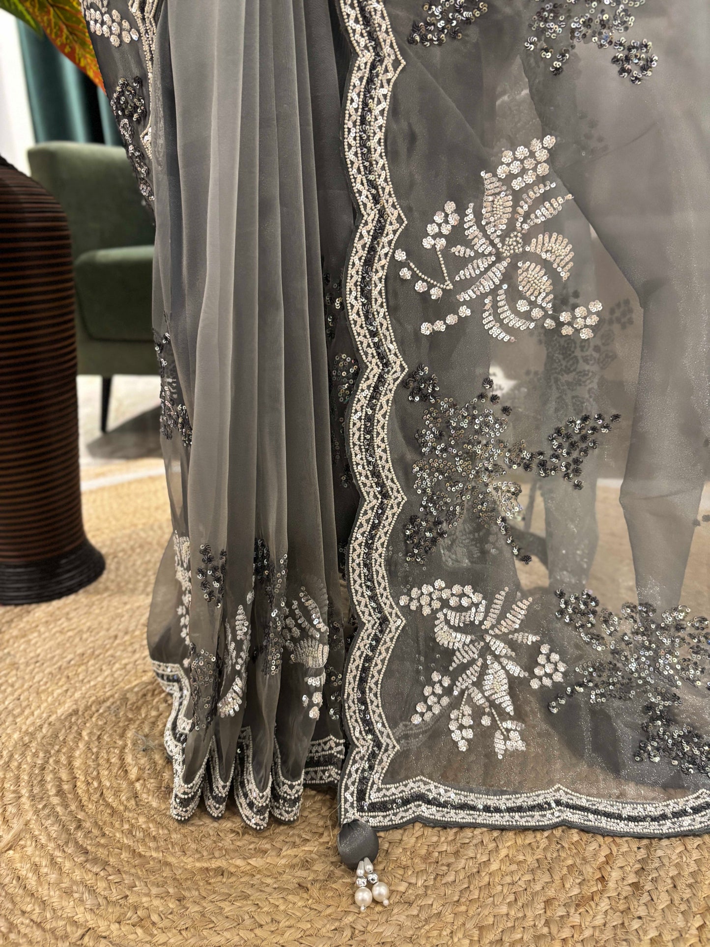 Slate Grey Embroidered Saree with Scalloped Border