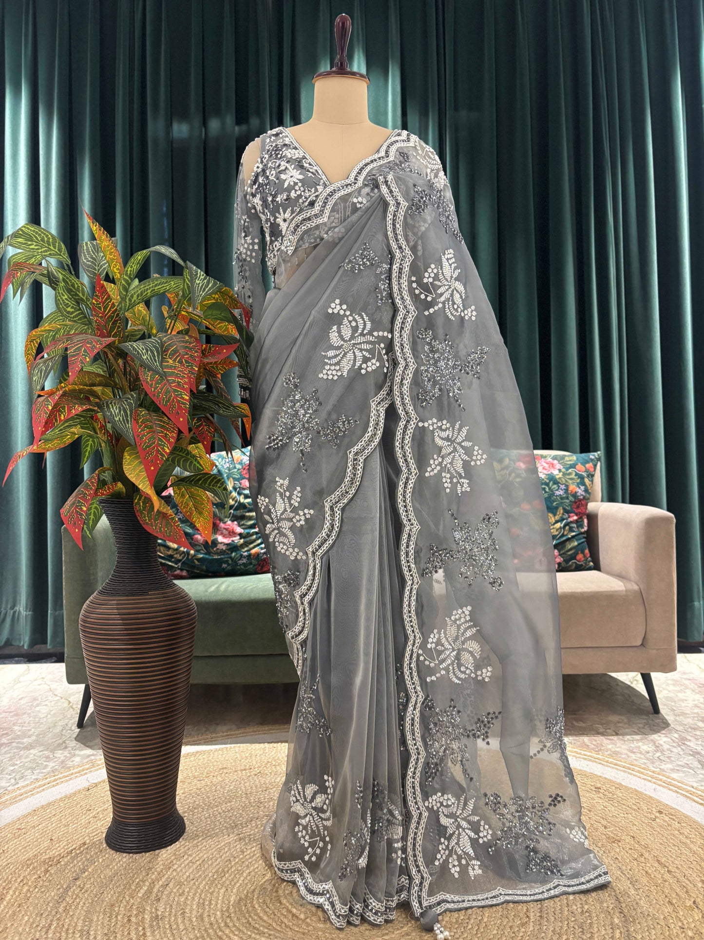 Slate Grey Embroidered Saree with Scalloped Border