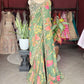 Green Floral Designer Saree with Embellished Border & Sequin Detailing