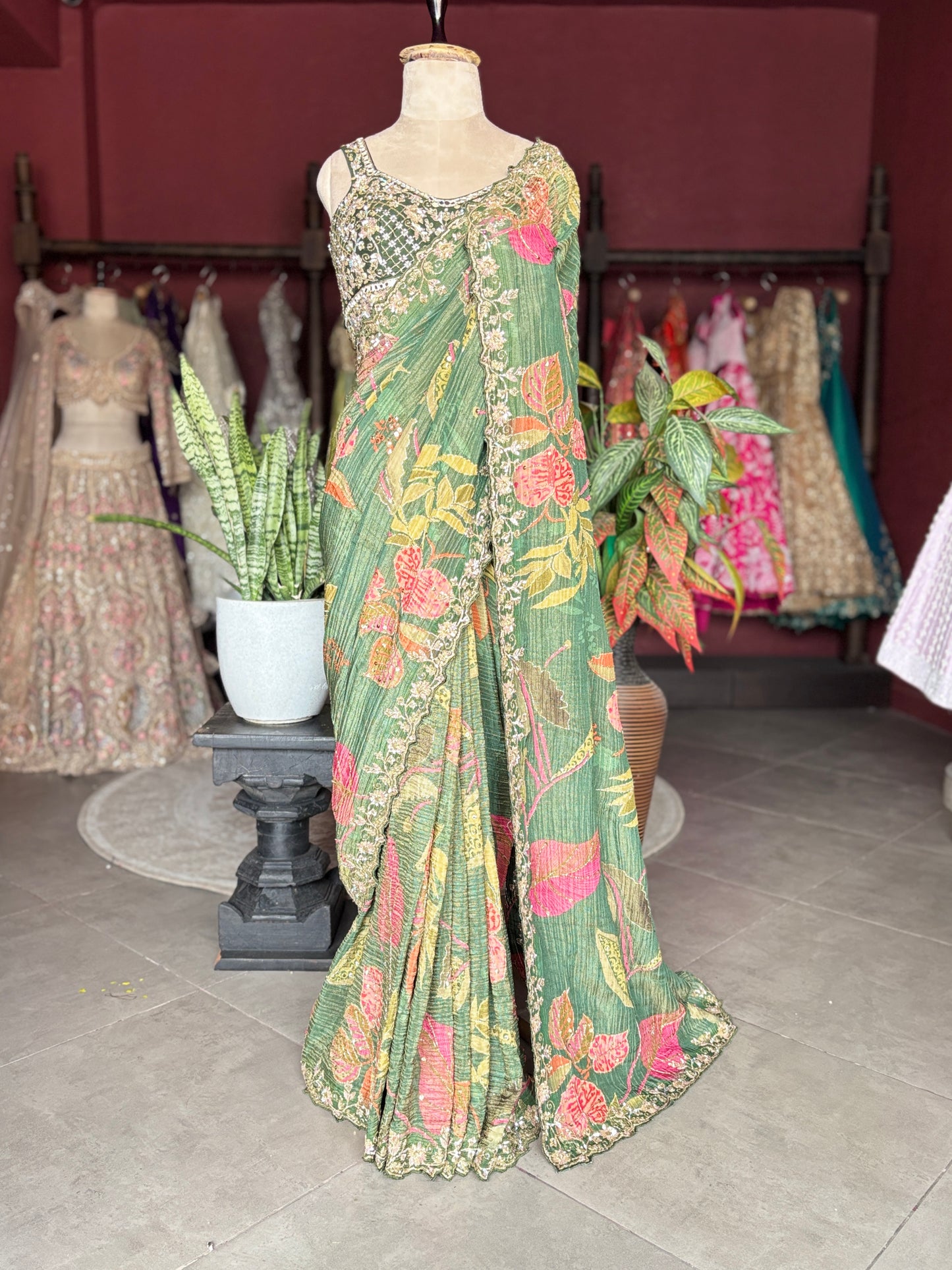 Green Floral Designer Saree with Embellished Border & Sequin Detailing