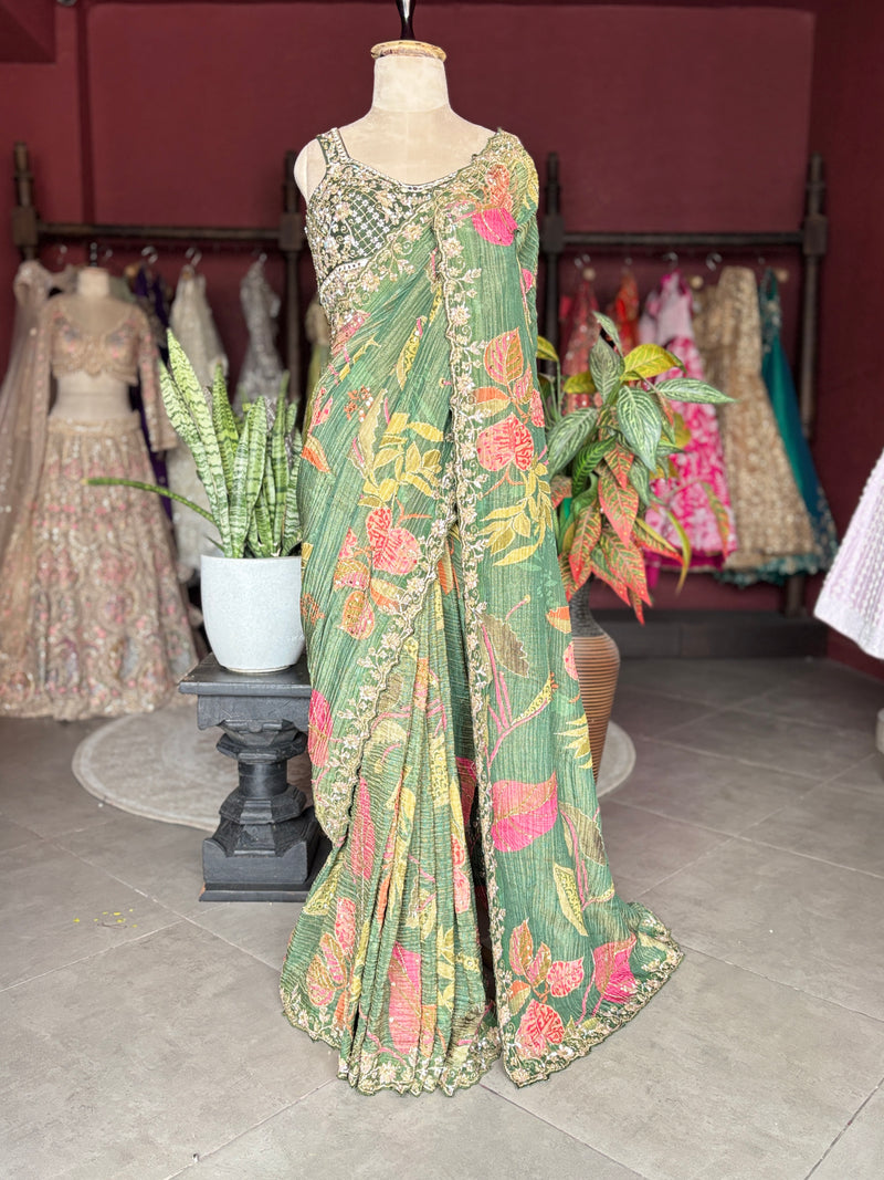 Green Floral Designer Saree with Embellished Border & Sequin Detailing