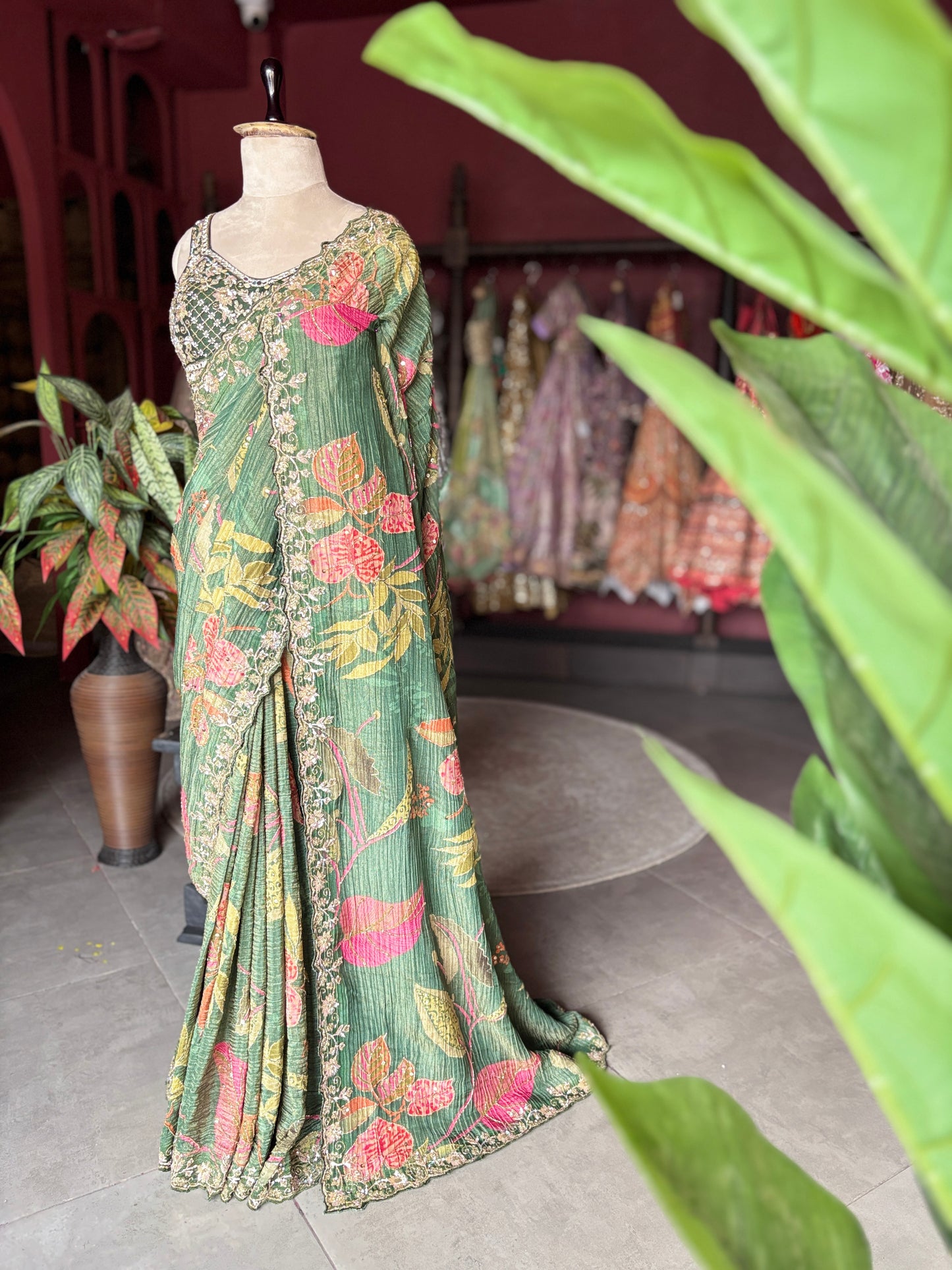 Green Floral Designer Saree with Embellished Border & Sequin Detailing