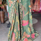 Green Floral Designer Saree with Embellished Border & Sequin Detailing
