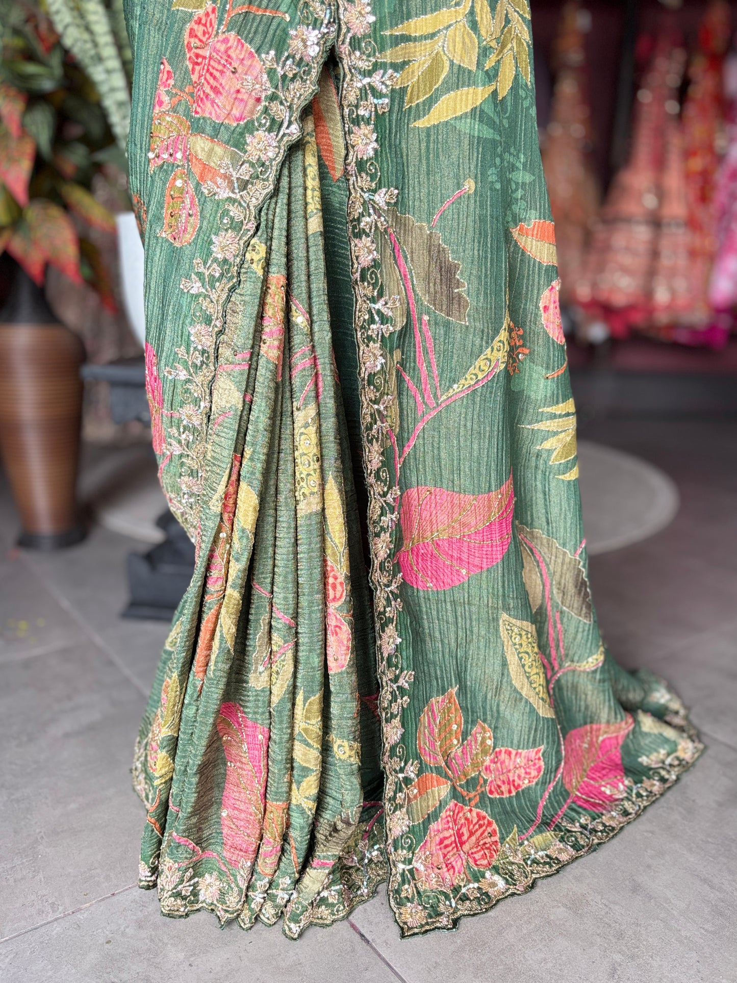 Green Floral Designer Saree with Embellished Border & Sequin Detailing