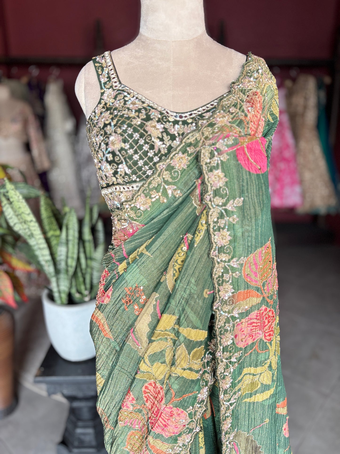Green Floral Designer Saree with Embellished Border & Sequin Detailing
