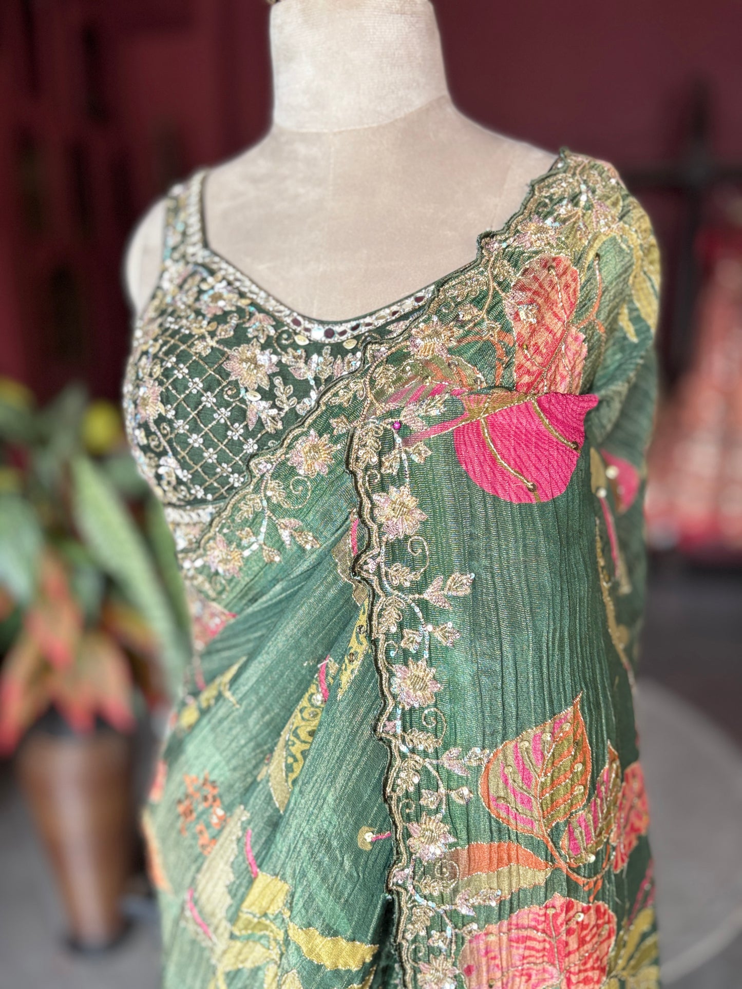 Green Floral Designer Saree with Embellished Border & Sequin Detailing