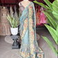Sky Blue Floral Designer Saree with Beige Pallu & Embellished Border