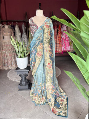 Sky Blue Floral Designer Saree with Beige Pallu & Embellished Border