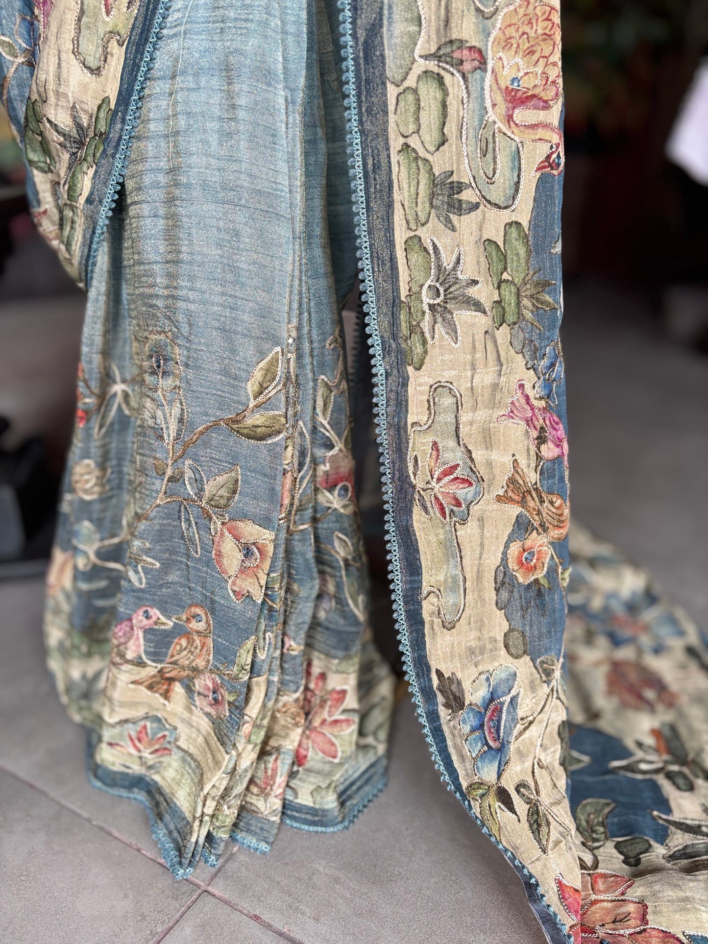Sky Blue Floral Designer Saree with Beige Pallu & Embellished Border