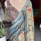 Sky Blue Floral Designer Saree with Beige Pallu & Embellished Border