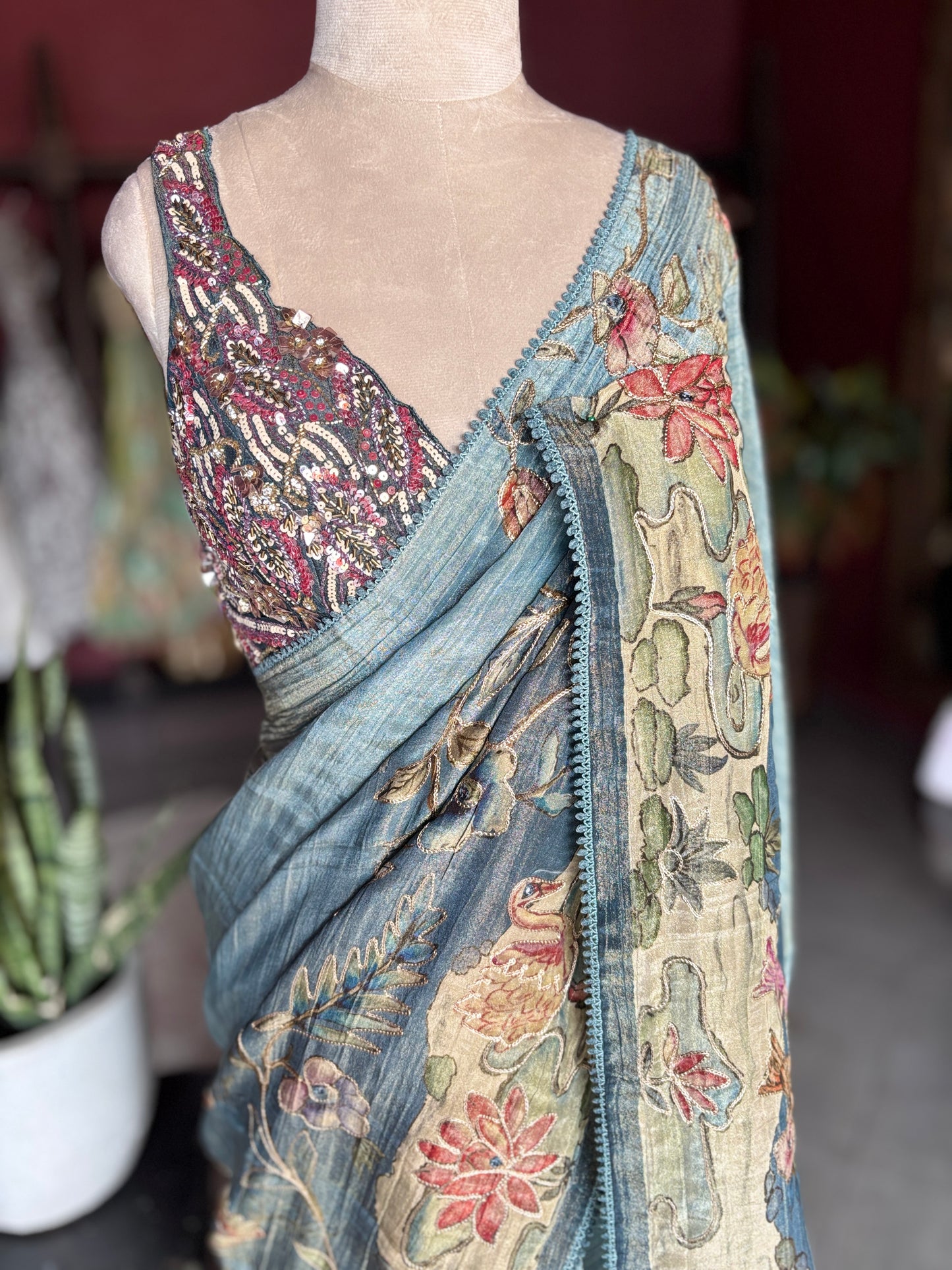 Sky Blue Floral Designer Saree with Beige Pallu & Embellished Border