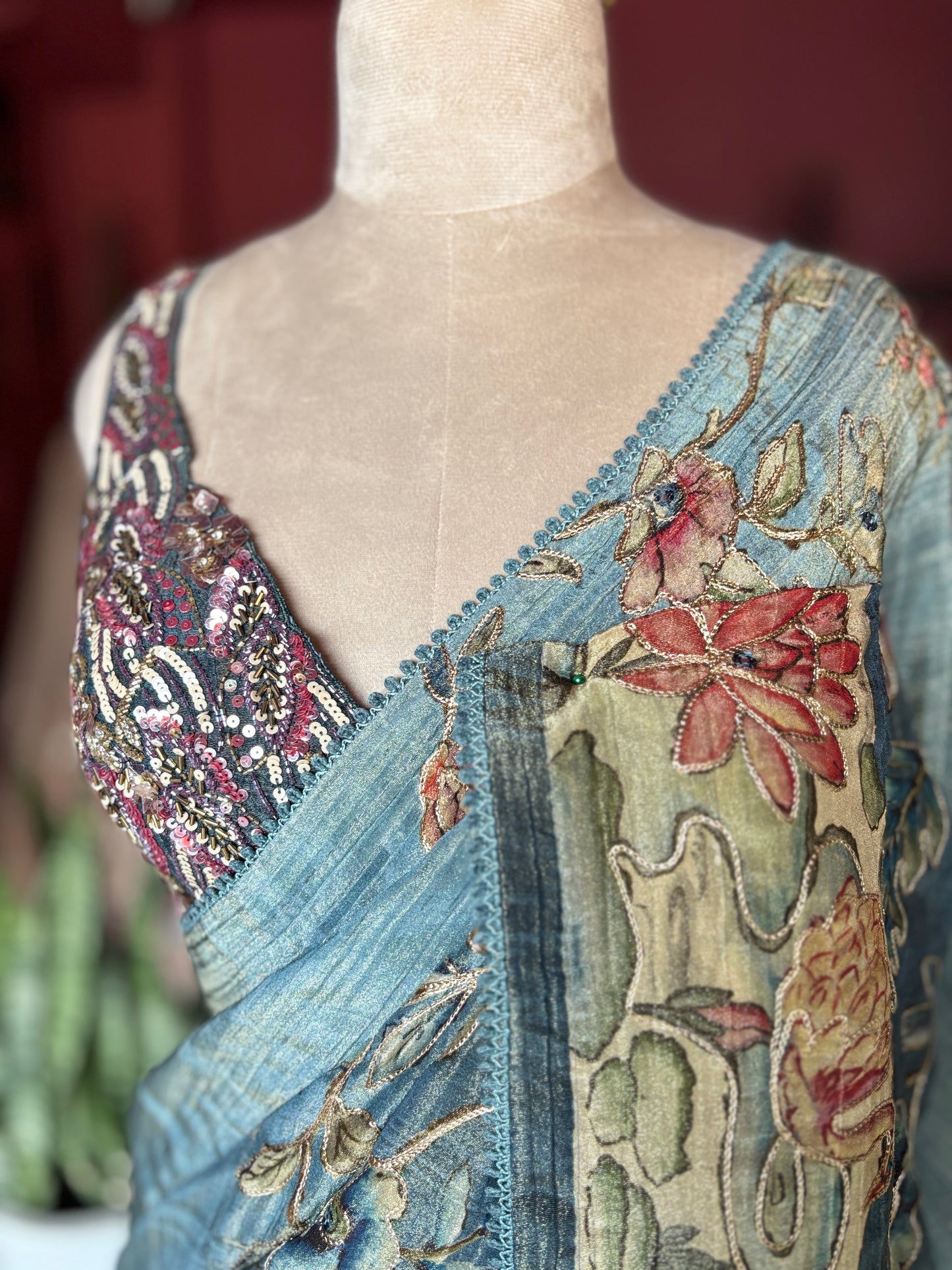Sky Blue Floral Designer Saree with Beige Pallu & Embellished Border
