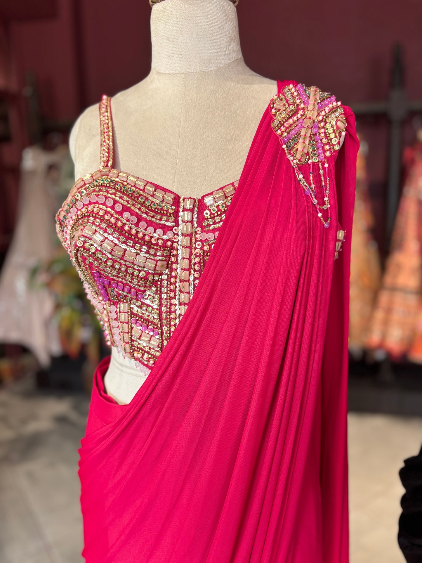Hot Pink Designer Saree with Embellished Blouse & Ready-to-Wear Drape