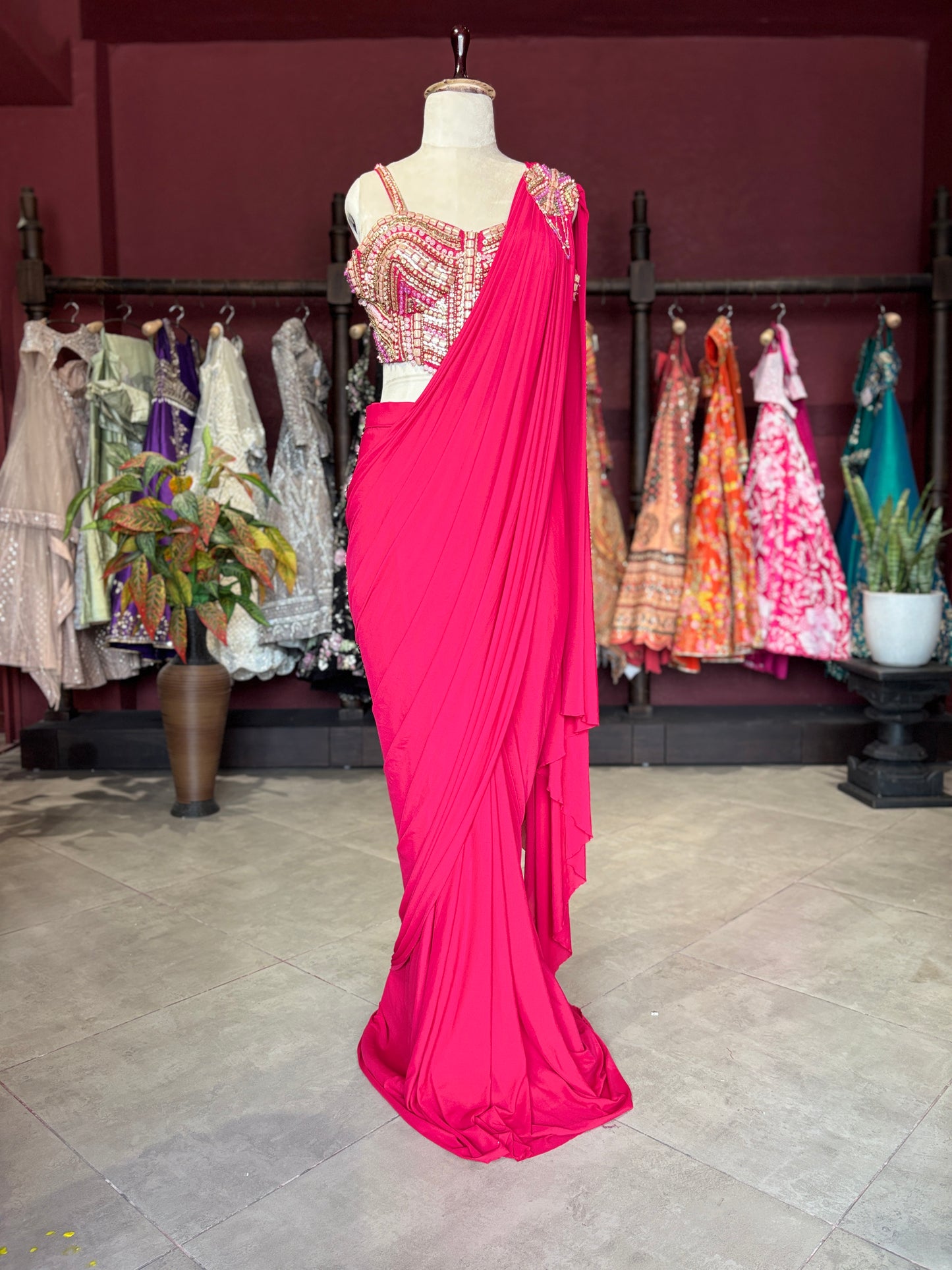 Hot Pink Designer Saree with Embellished Blouse & Ready-to-Wear Drape