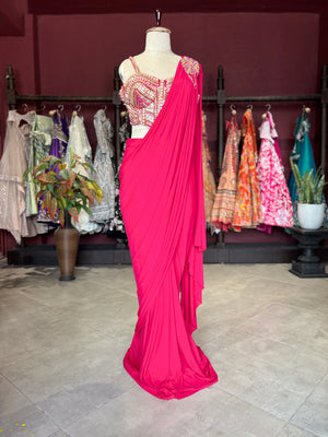 Hot Pink Designer Saree with Embellished Blouse & Ready-to-Wear Drape