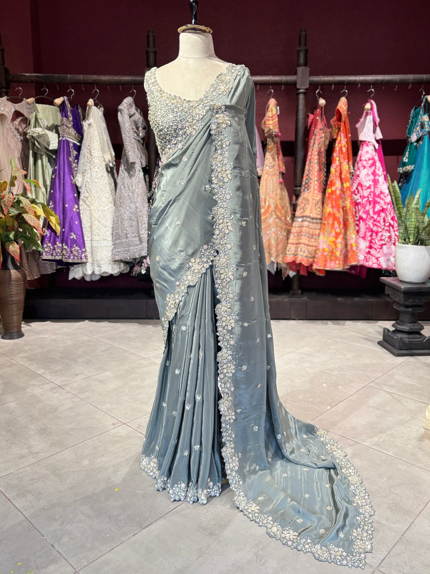 Grey Designer Saree with Pearl Embellished Border