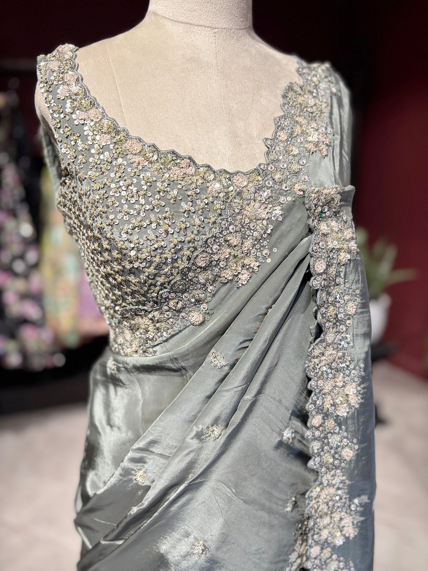 Grey Designer Saree with Pearl Embellished Border