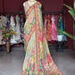 Pastel Olive Green Floral Designer Saree with Pink Embroidered Border