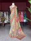 Pastel Olive Green Floral Designer Saree with Pink Embroidered Border