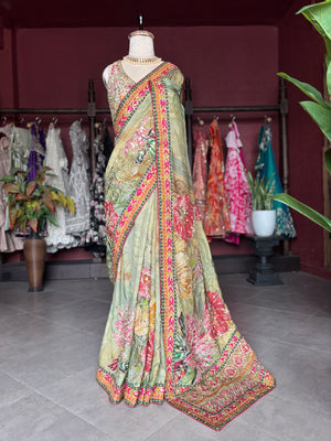 Pastel Olive Green Floral Designer Saree with Pink Embroidered Border