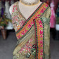 Pastel Olive Green Floral Designer Saree with Pink Embroidered Border