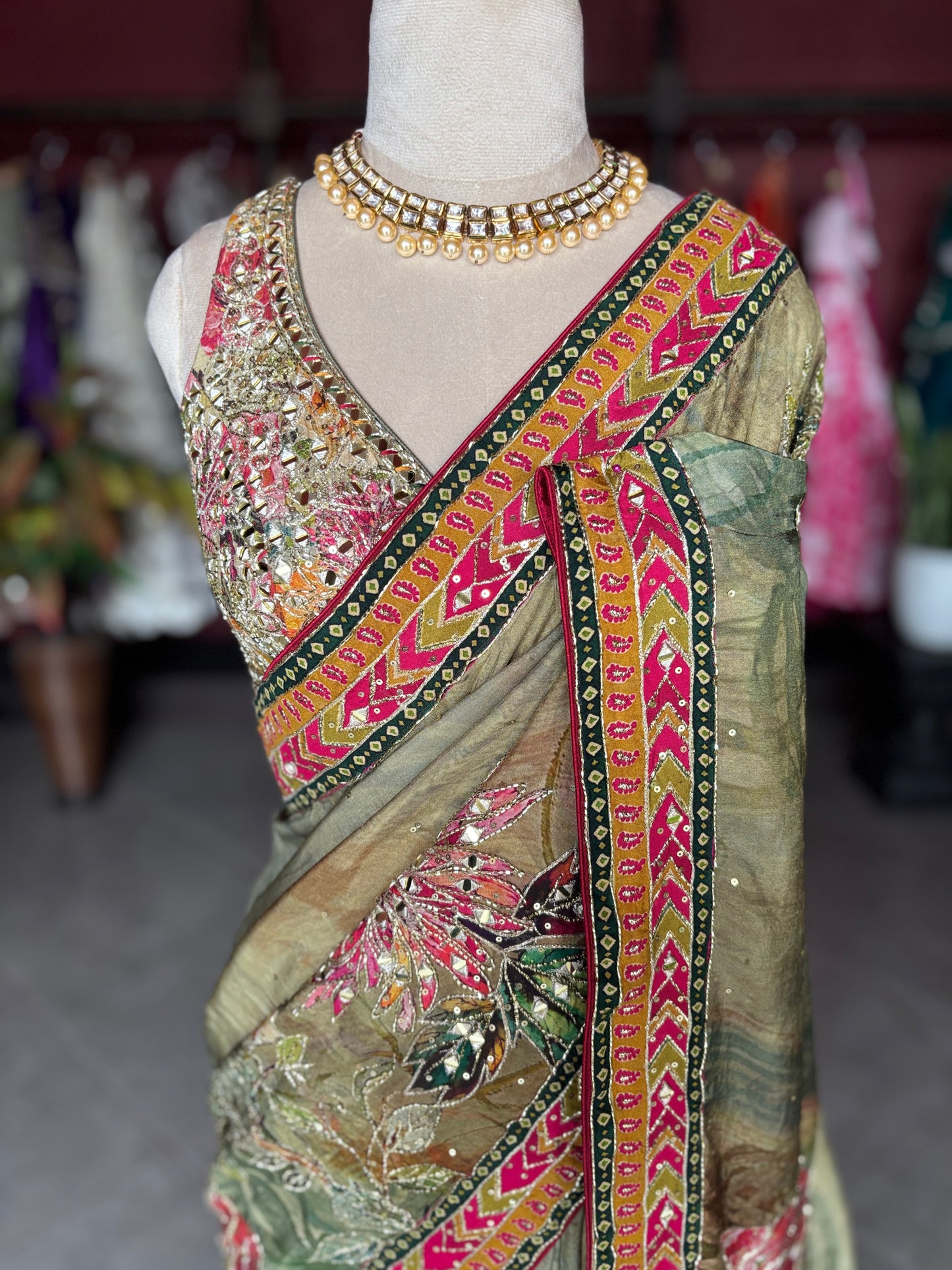 Pastel Olive Green Floral Designer Saree with Pink Embroidered Border