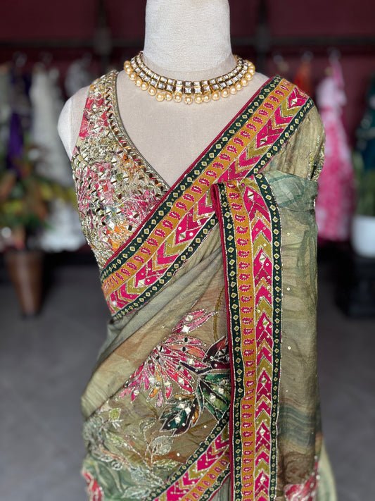 Pastel Olive Green Floral Designer Saree with Pink Embroidered Border
