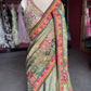 Pastel Olive Green Floral Designer Saree with Pink Embroidered Border