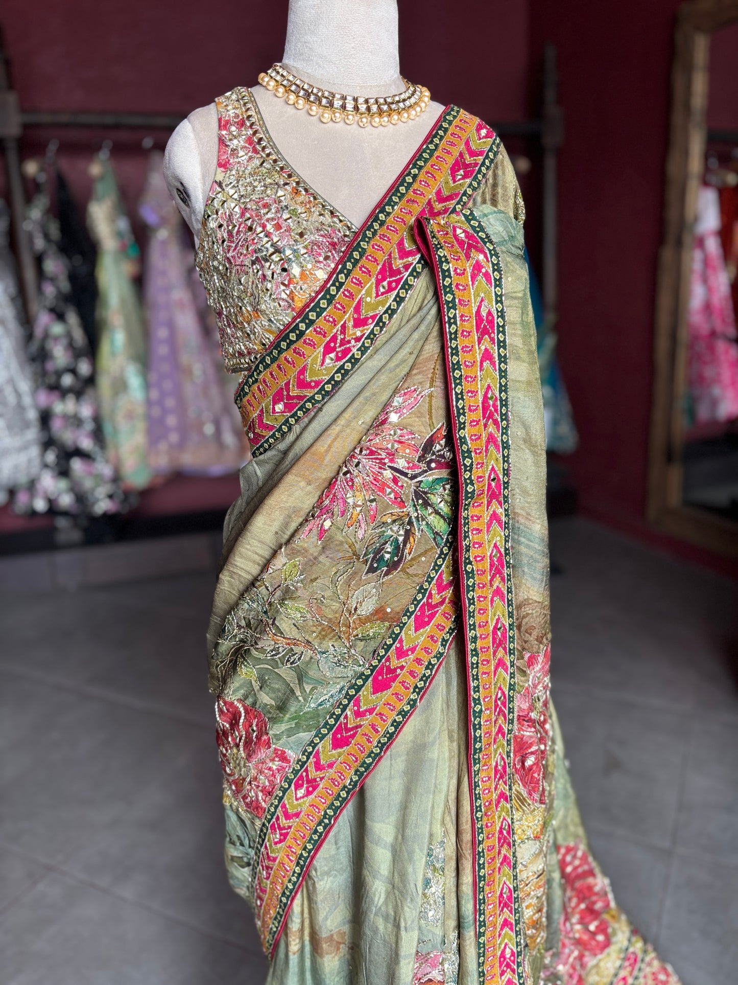 Pastel Olive Green Floral Designer Saree with Pink Embroidered Border