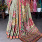 Pastel Olive Green Floral Designer Saree with Pink Embroidered Border