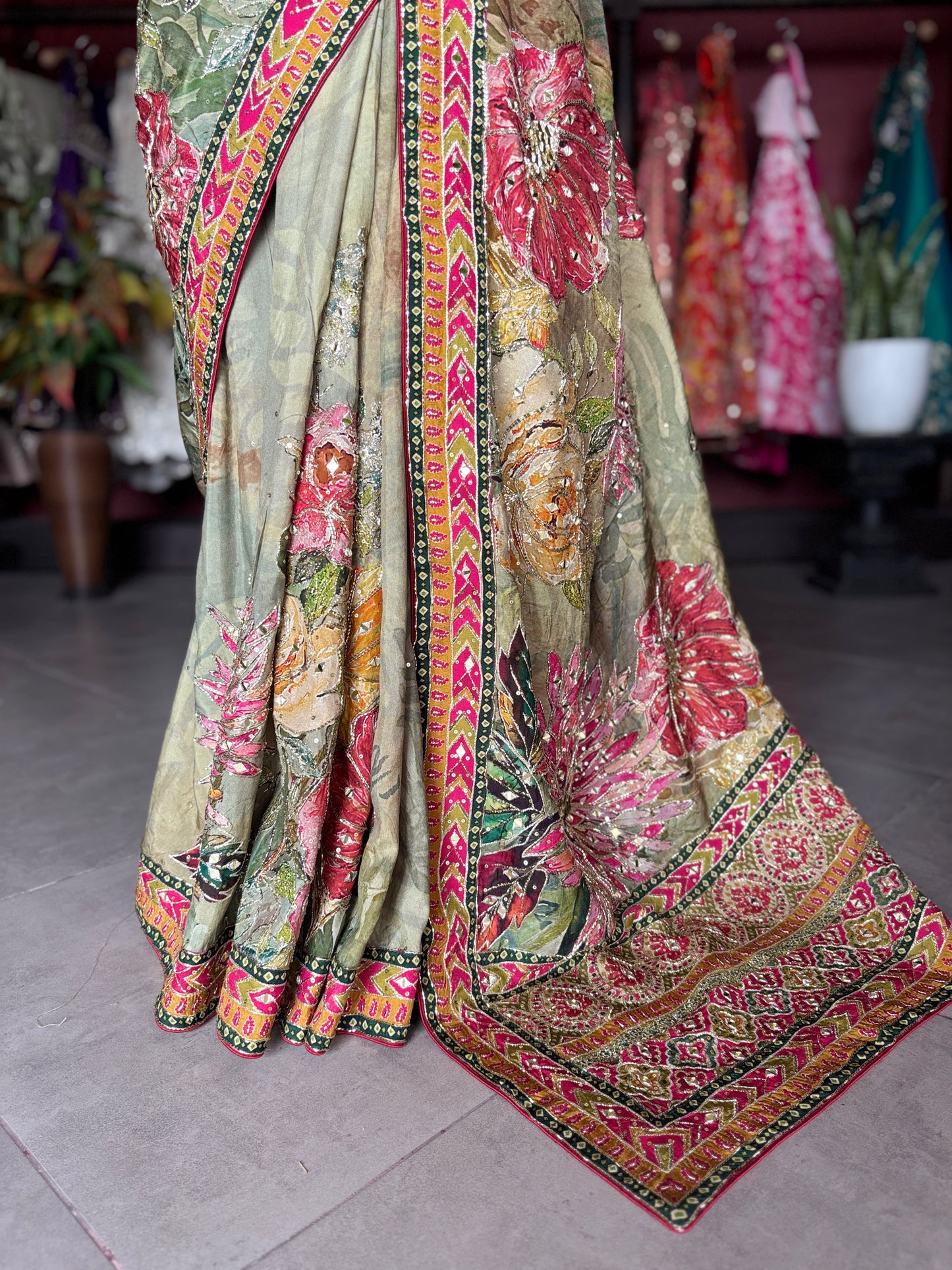 Pastel Olive Green Floral Designer Saree with Pink Embroidered Border