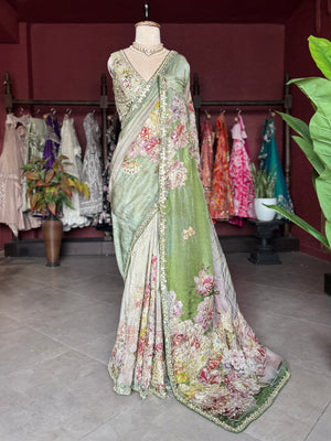 Pastel Green Floral Designer Saree with Embellished Border