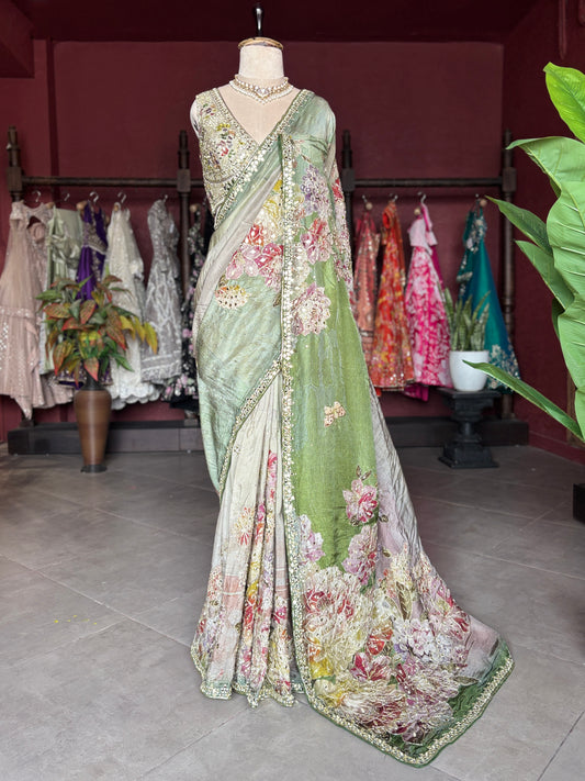 Pastel Green Floral Designer Saree with Embellished Border