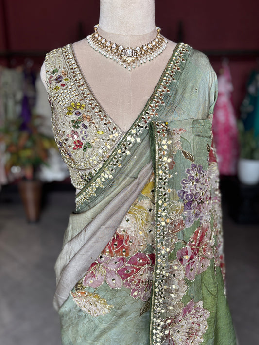 Pastel Green Floral Designer Saree with Embellished Border
