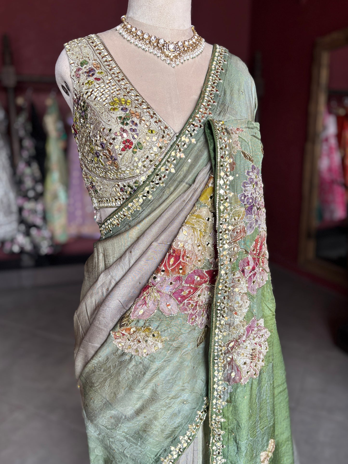 Pastel Green Floral Designer Saree with Embellished Border