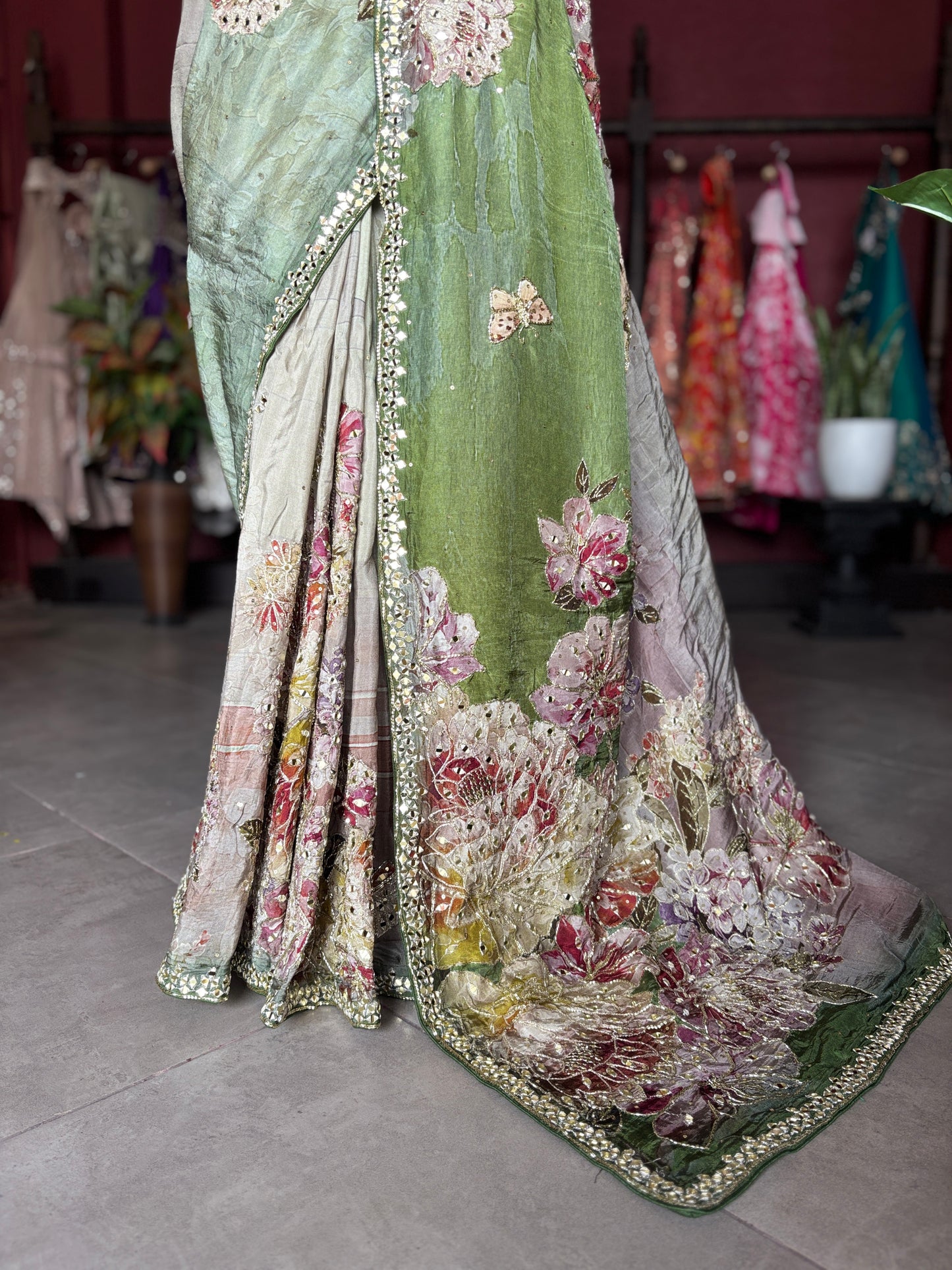 Pastel Green Floral Designer Saree with Embellished Border