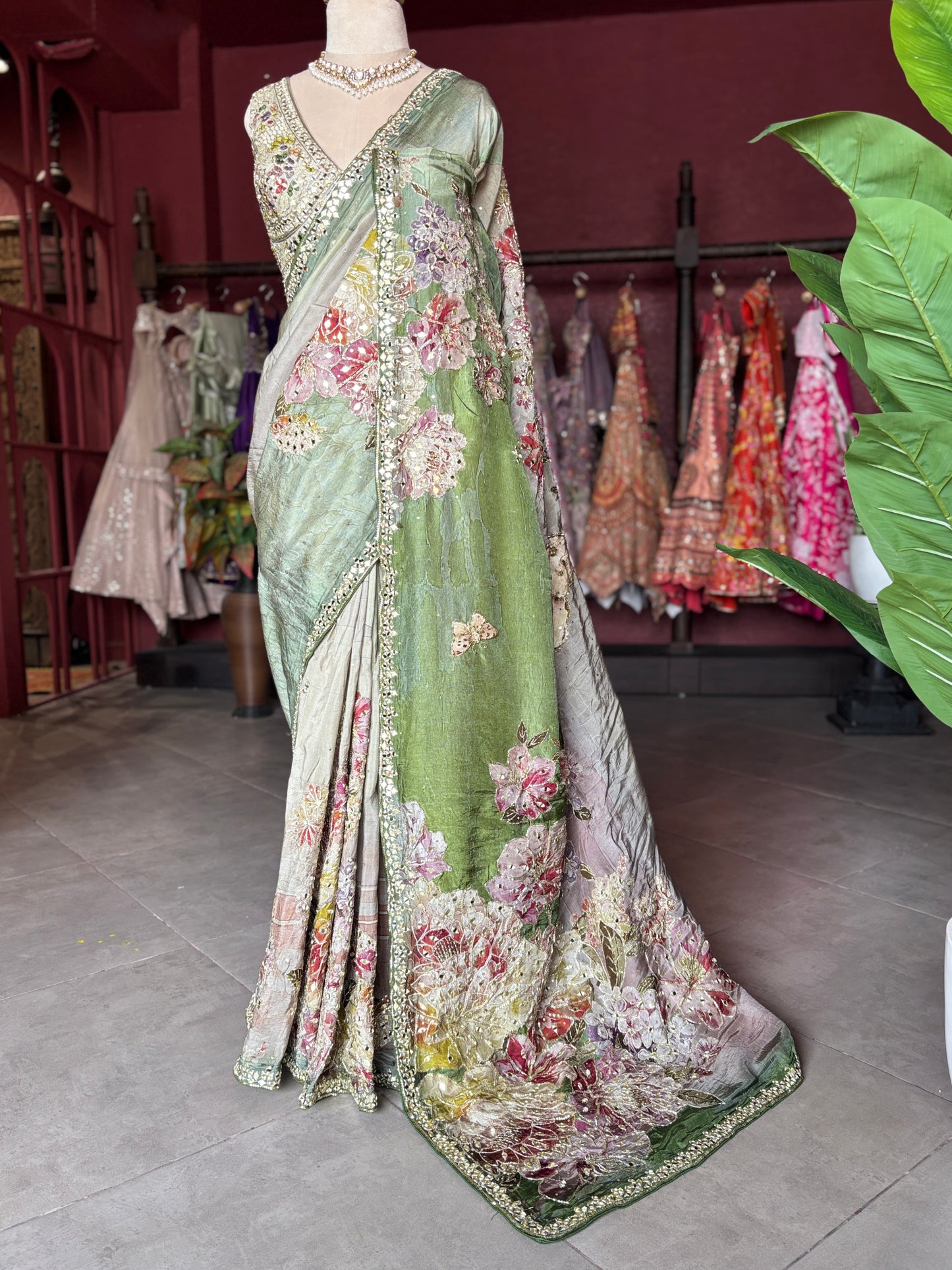 Pastel Green Floral Designer Saree with Embellished Border