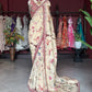 Ivory Beige Floral Designer Saree with Maroon Embroidered Border