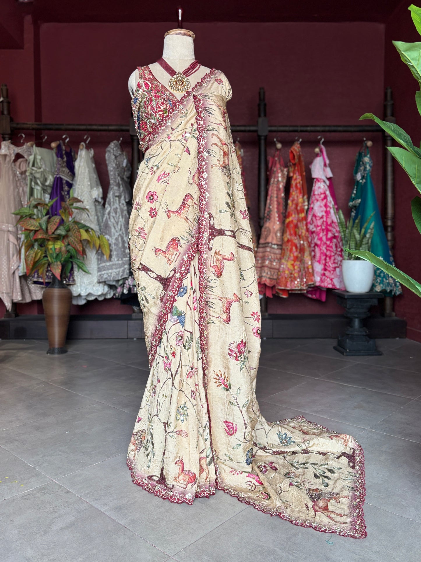 Ivory Beige Floral Designer Saree with Maroon Embroidered Border