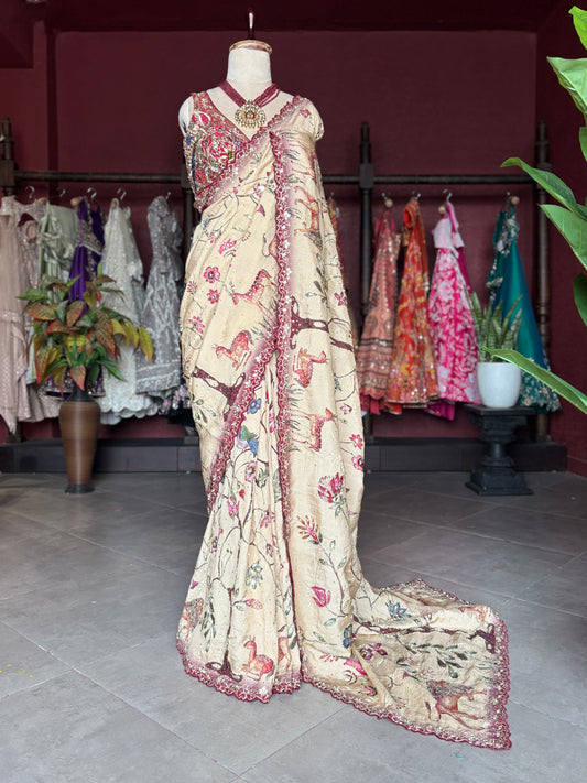 Ivory Beige Floral Designer Saree with Maroon Embroidered Border