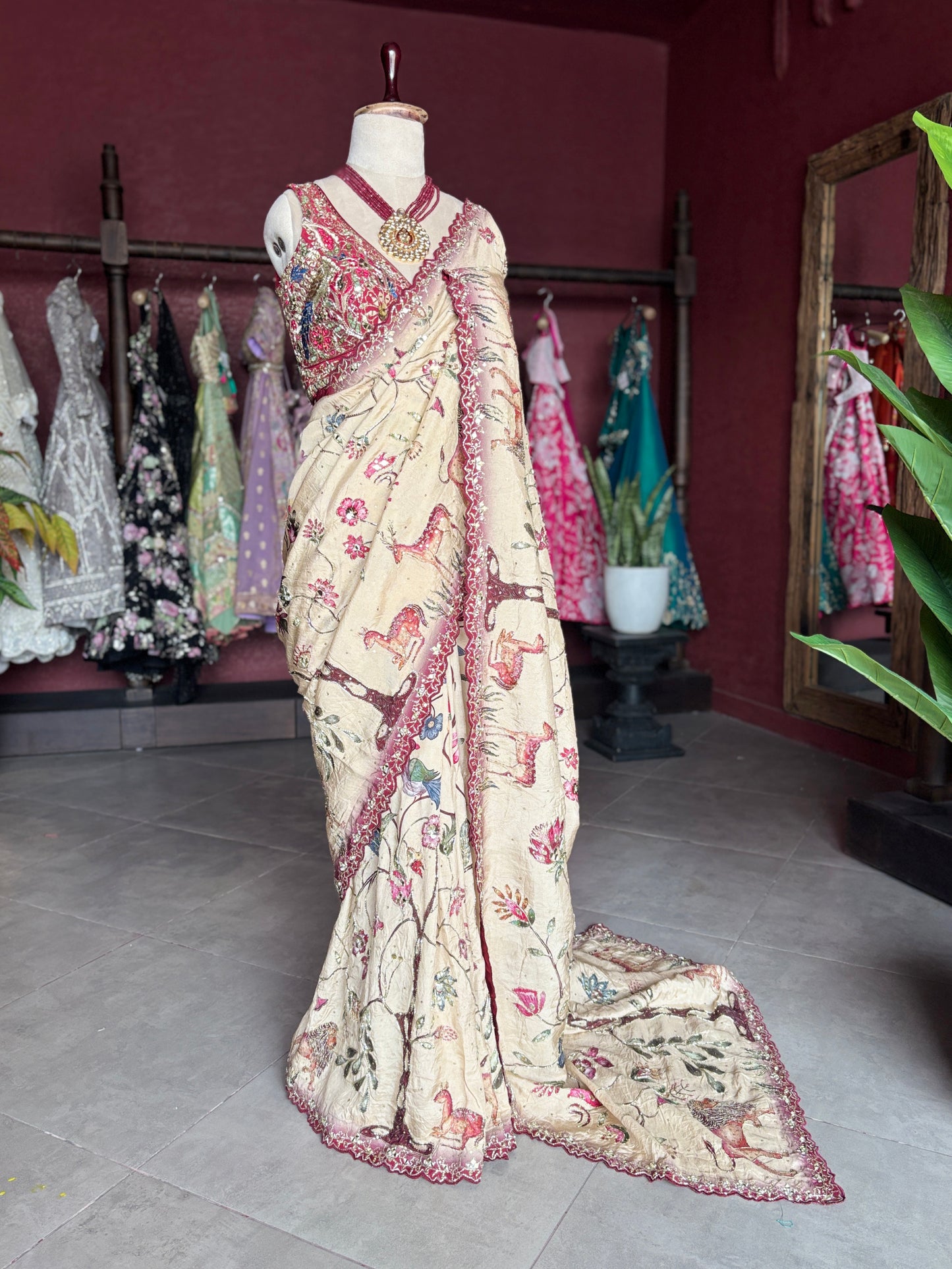 Ivory Beige Floral Designer Saree with Maroon Embroidered Border