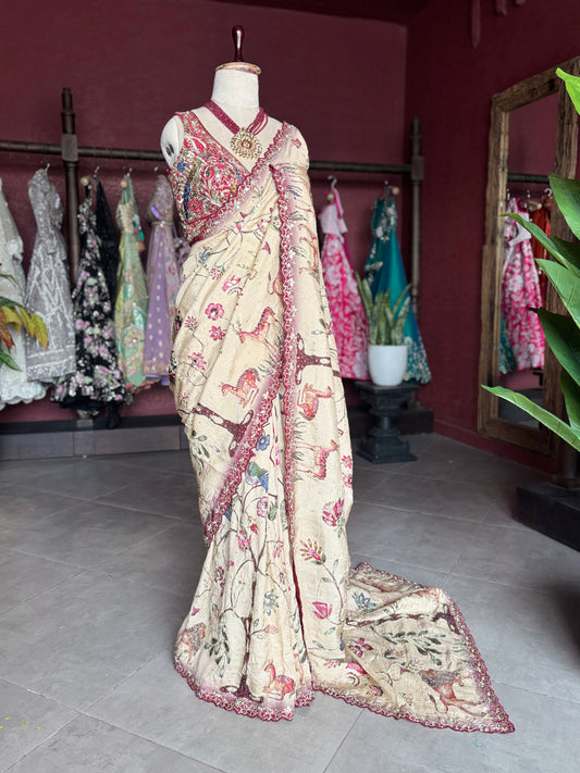 Ivory Beige Floral Designer Saree with Maroon Embroidered Border