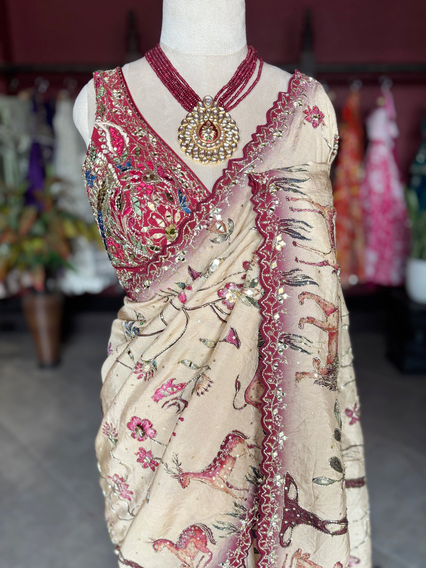 Ivory Beige Floral Designer Saree with Maroon Embroidered Border