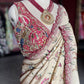 Ivory Beige Floral Designer Saree with Maroon Embroidered Border