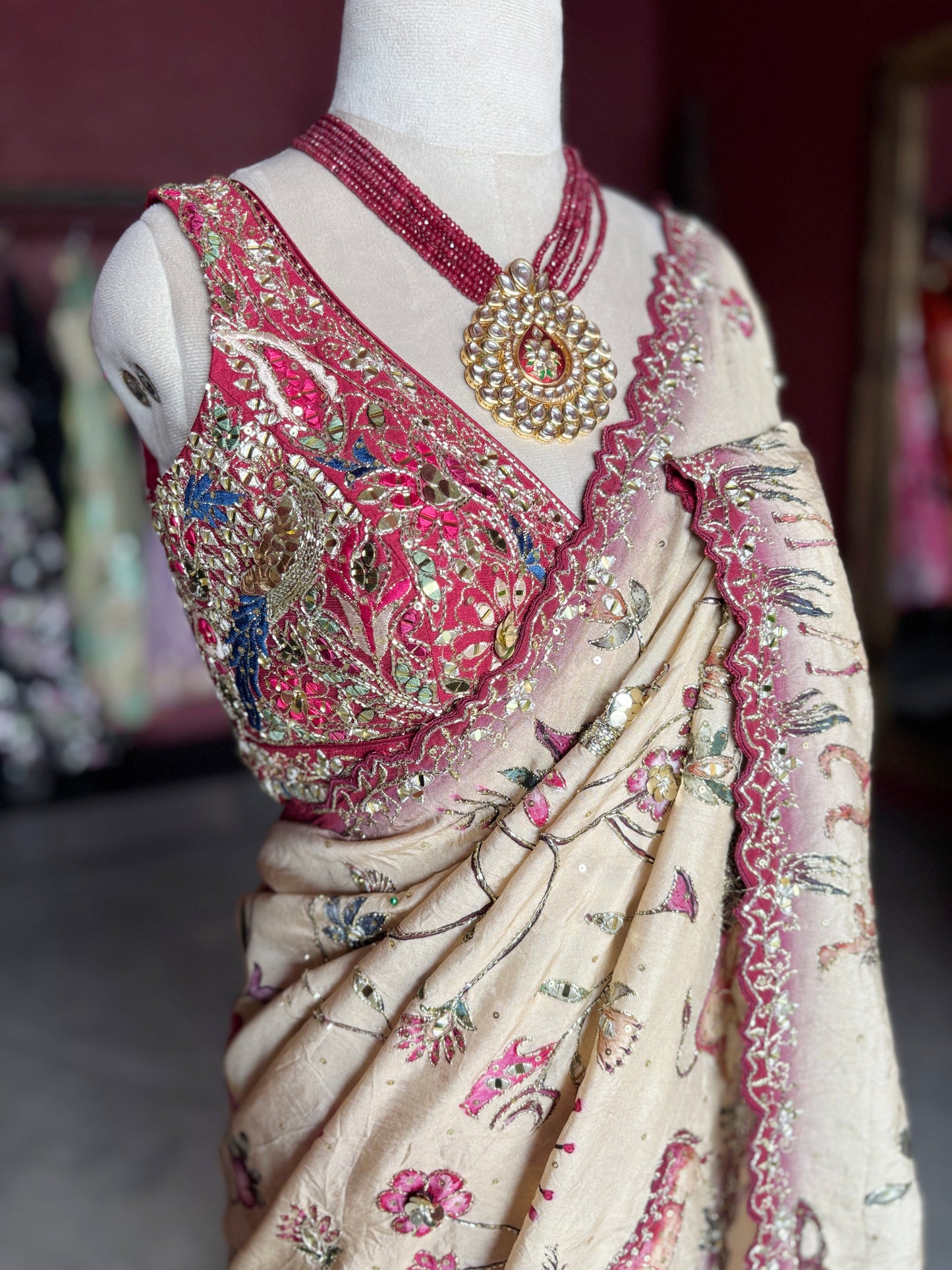 Ivory Beige Floral Designer Saree with Maroon Embroidered Border